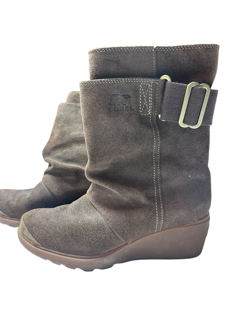 Sorel Brown Suede Wedge Moto Slouch Boots Buckle Women’s 6
